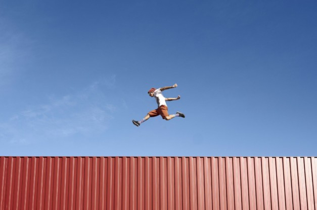 Jump Parkour Young Man Container Red Sky Blue