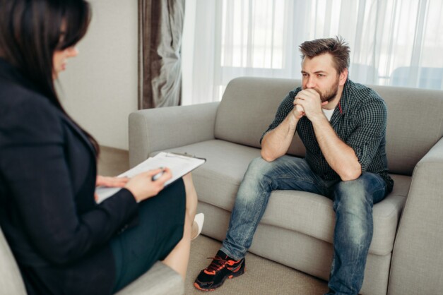 Sad patient at psychologist, psychology support